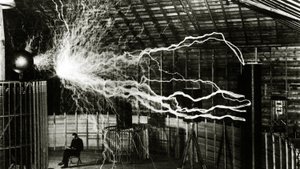 A Multiple Exposure Picture of Tesla with His Magnifying Transmitter by Unknown
